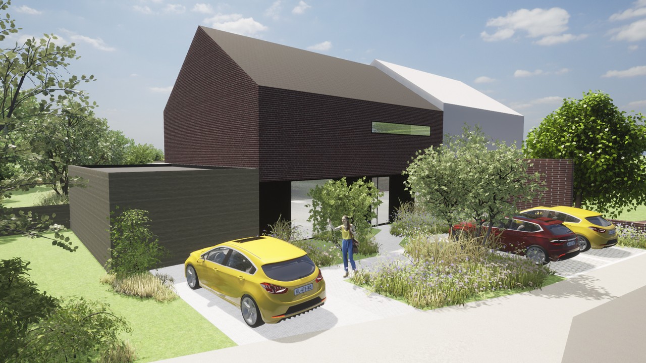 Groene waterpasserende oprit bij een strakke moderne woning - atelier b2