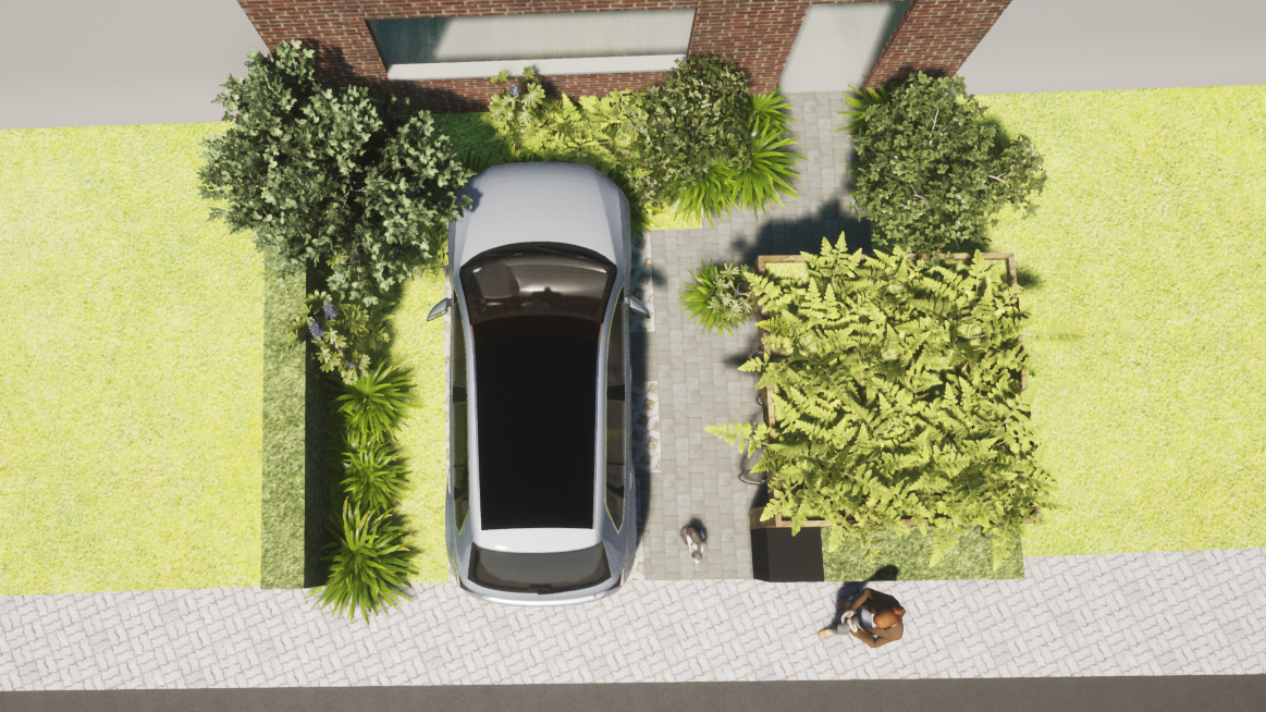 Groene autostaanplaats met fietsenberging voor stadstuin in Hasselt - atelier b2