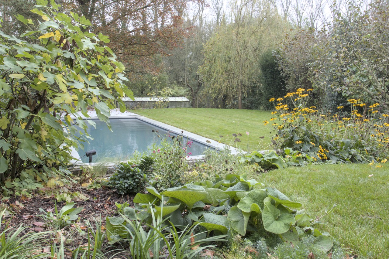 Landschappelijke tuin in Lubbeek met kleurrijke borders op hellend terrein - atelier b2
