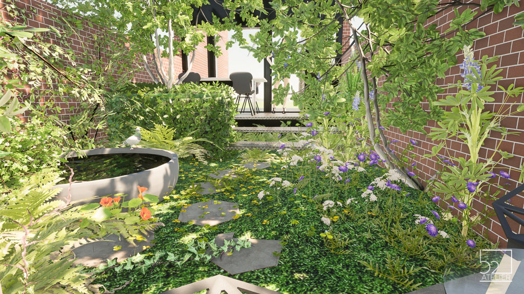 Kleine stadstuin in Mechelen zonder gazon maar met een klaterend waterelement - atelier b2