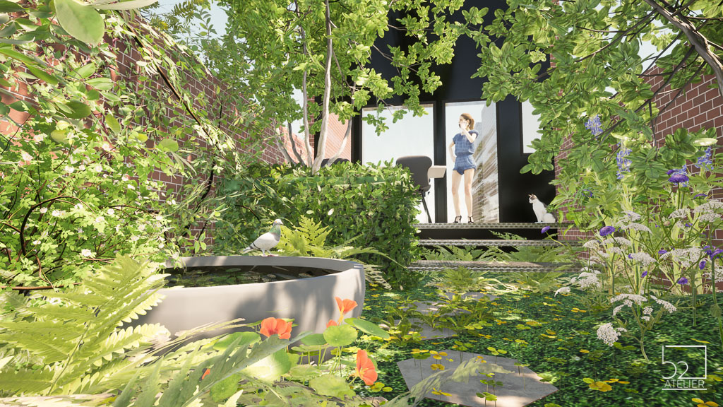 Kleine stadstuin in Mechelen met een kruidentapijt in plaats van gazon - atelier b2