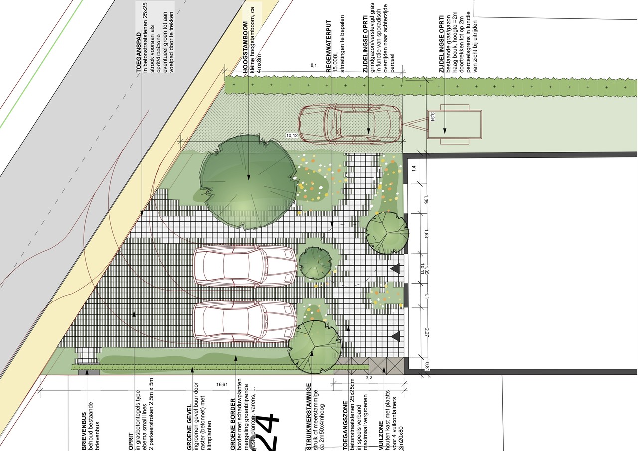Ontwerpplan voor een groene functionele oprit - atelier b2