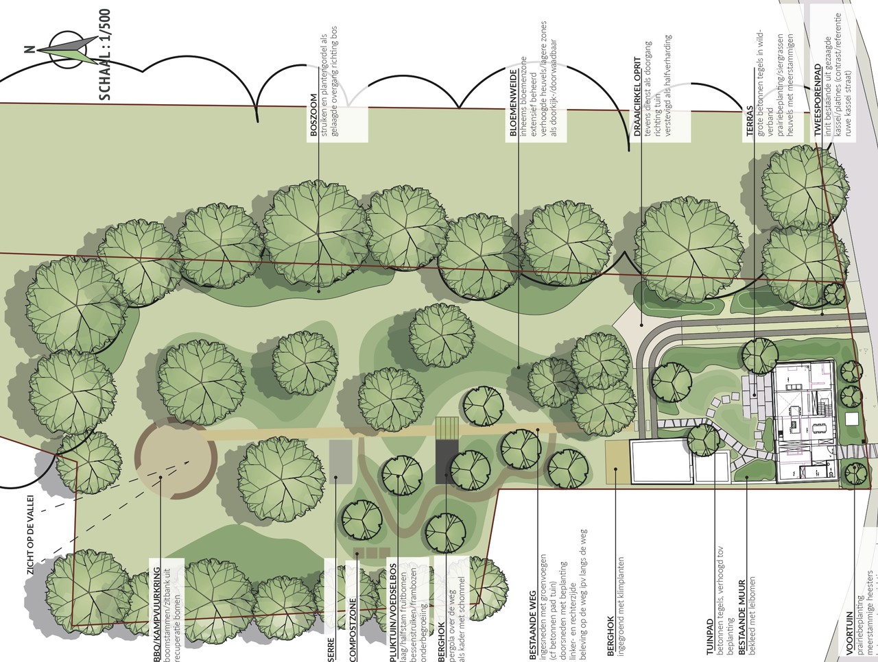 Landschappelijke tuin met prairiebeplanting, betonnen tegels, eetzone, voedselbos, bloemenweiden en bosrand - atelier b2