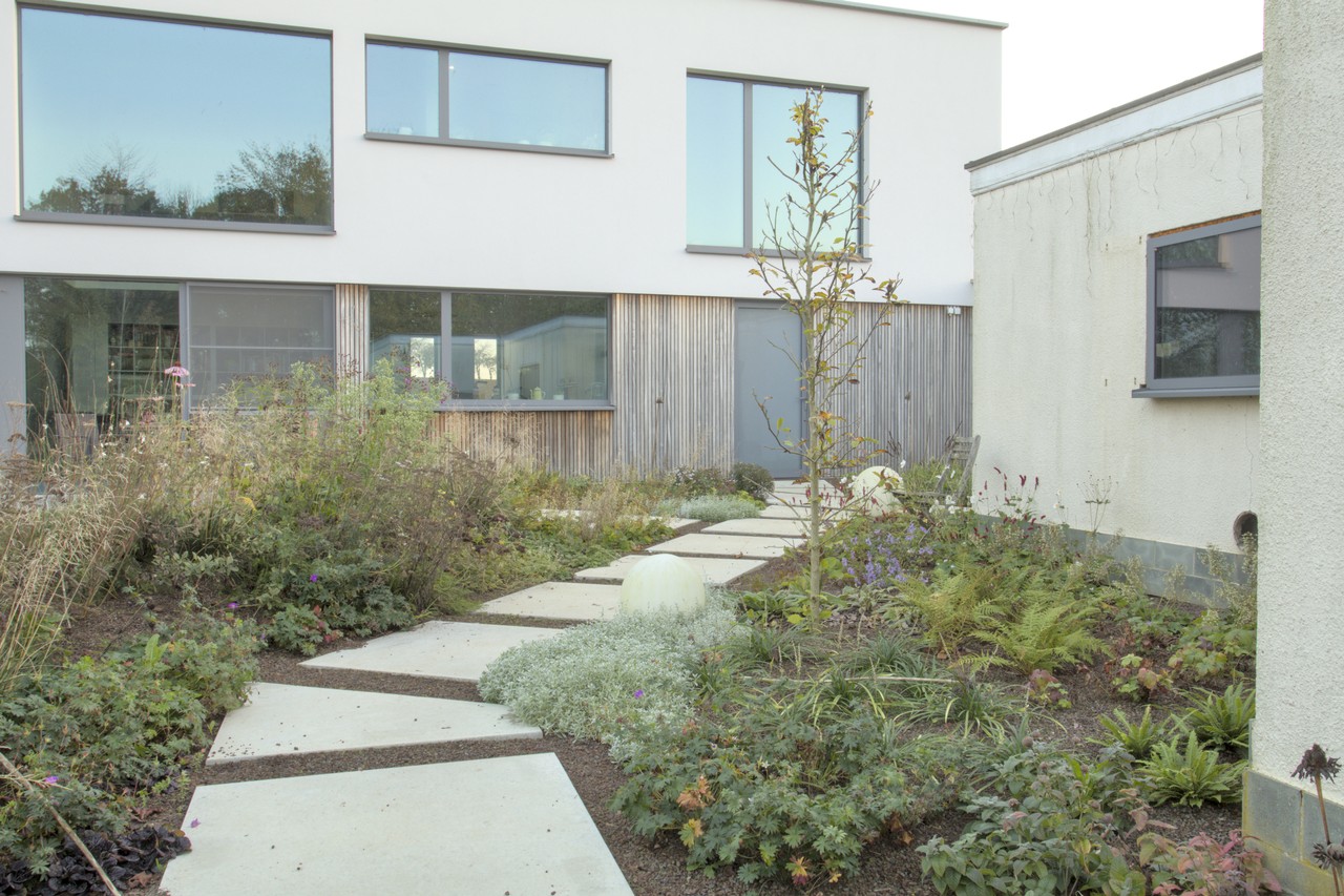 Prarietuin met stapstenen in beton doorheen gevarieerde prairiebeplanting - atelier b2