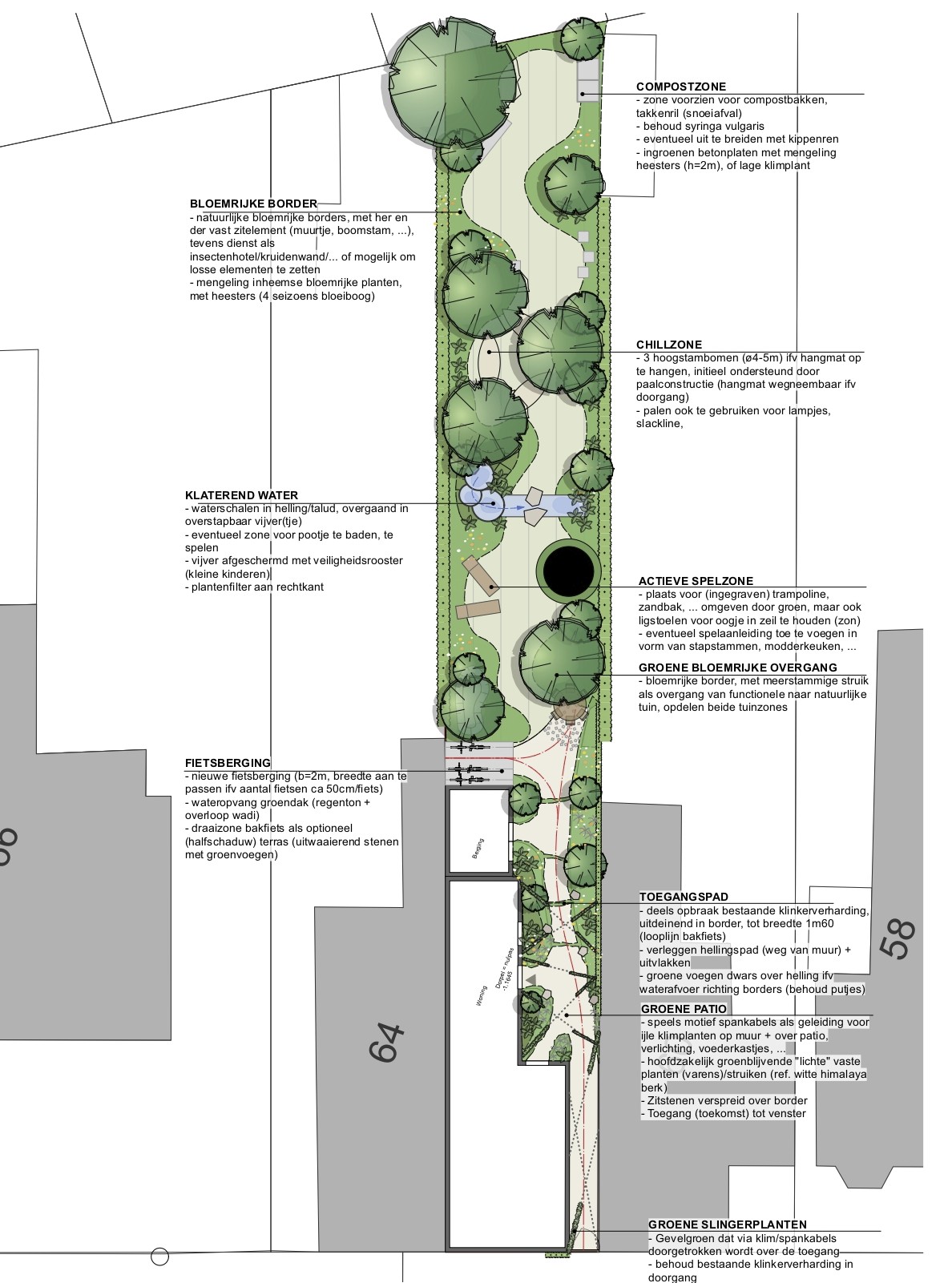 Tuinontwerp voor een gezellige smalle gezinstuin met groene jungle koer - atelier b2
